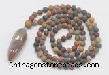 GMN4216 Hand-knotted 8mm, 10mm matte picasso jasper 108 beads mala necklace with pendant