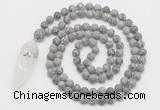GMN4219 Hand-knotted 8mm, 10mm matte grey picture jasper 108 beads mala necklace with pendant