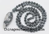 GMN4221 Hand-knotted 8mm, 10mm matte snowflake obsidian 108 beads mala necklace with pendant