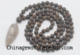 GMN4223 Hand-knotted 8mm, 10mm matte bronzite 108 beads mala necklace with pendant
