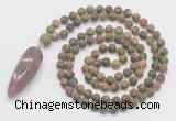 GMN4224 Hand-knotted 8mm, 10mm matte unakite 108 beads mala necklace with pendant