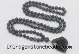 GMN4422 Hand-knotted 8mm, 10mm matte black labradorite 108 beads mala necklace with pendant