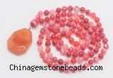 GMN4606 Hand-knotted 8mm, 10mm red banded agate 108 beads mala necklace with pendant