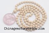 GMN4619 Hand-knotted 8mm, 10mm white fossil jasper 108 beads mala necklace with pendant