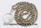 GMN4625 Hand-knotted 8mm, 10mm unakite 108 beads mala necklace with pendant