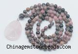 GMN4635 Hand-knotted 8mm, 10mm rhodonite 108 beads mala necklace with pendant