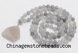 GMN4647 Hand-knotted 8mm, 10mm cloudy quartz 108 beads mala necklace with pendant