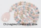 GMN4655 Hand-knotted 8mm, 10mm morganite 108 beads mala necklace with pendant