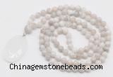 GMN4660 Hand-knotted 8mm, 10mm white crazy agate 108 beads mala necklace with pendant