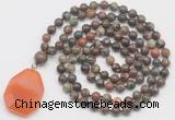 GMN4668 Hand-knotted 8mm, 10mm ocean agate 108 beads mala necklace with pendant