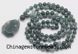 GMN4669 Hand-knotted 8mm, 10mm moss agate 108 beads mala necklace with pendant