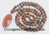 GMN4675 Hand-knotted 8mm, 10mm picasso jasper 108 beads mala necklace with pendant
