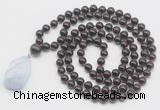 GMN4815 Hand-knotted 8mm, 10mm garnet 108 beads mala necklace with pendant