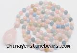 GMN4819 Hand-knotted 8mm, 10mm morganite 108 beads mala necklace with pendant