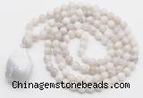 GMN4829 Hand-knotted 8mm, 10mm white crazy agate 108 beads mala necklace with pendant