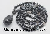 GMN4843 Hand-knotted 8mm, 10mm black banded agate 108 beads mala necklace with pendant