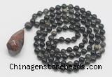 GMN4887 Hand-knotted 8mm, 10mm golden obsidian 108 beads mala necklace with pendant