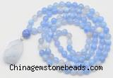 GMN4908 Hand-knotted 8mm, 10mm blue banded agate 108 beads mala necklace with pendant