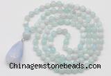 GMN4909 Hand-knotted 8mm, 10mm sea blue banded agate 108 beads mala necklace with pendant