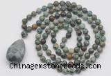 GMN4929 Hand-knotted 8mm, 10mm African turquoise 108 beads mala necklace with pendant