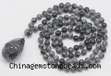 GMN4930 Hand-knotted 8mm, 10mm snowflake obsidian 108 beads mala necklace with pendant