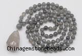 GMN4935 Hand-knotted 8mm, 10mm labradorite 108 beads mala necklace with pendant