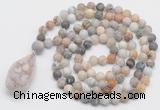 GMN5009 Hand-knotted 8mm, 10mm matte bamboo leaf agate 108 beads mala necklace with pendant