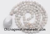 GMN5010 Hand-knotted 8mm, 10mm matte white crazy agate 108 beads mala necklace with pendant