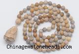 GMN5012 Hand-knotted 8mm, 10mm matte fossil coral 108 beads mala necklace with pendant