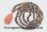 GMN5017 Hand-knotted 8mm, 10mm matte picasso jasper 108 beads mala necklace with pendant