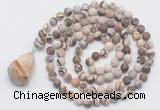 GMN5018 Hand-knotted 8mm, 10mm matte zebra jasper 108 beads mala necklace with pendant