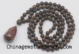 GMN5024 Hand-knotted 8mm, 10mm matte bronzite 108 beads mala necklace with pendant
