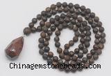 GMN5024 Hand-knotted 8mm, 10mm matte bronzite 108 beads mala necklace with pendant