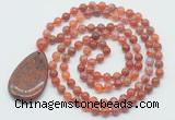 GMN5093 Hand-knotted 8mm, 10mm fire agate 108 beads mala necklace with pendant