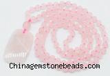 GMN5110 Hand-knotted 8mm, 10mm matte rose quartz 108 beads mala necklace with pendant