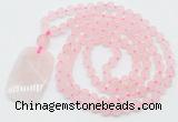 GMN5110 Hand-knotted 8mm, 10mm matte rose quartz 108 beads mala necklace with pendant