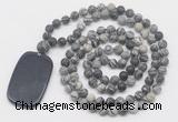 GMN5125 Hand-knotted 8mm, 10mm matte black water jasper 108 beads mala necklace with pendant