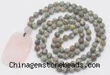 GMN5141 Hand-knotted 8mm, 10mm matte rhyolite 108 beads mala necklace with pendant