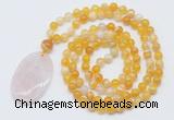 GMN5150 Hand-knotted 8mm, 10mm yellow banded agate 108 beads mala necklace with pendant