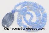 GMN5153 Hand-knotted 8mm, 10mm blue banded agate 108 beads mala necklace with pendant