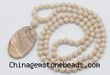 GMN5164 Hand-knotted 8mm, 10mm white fossil jasper 108 beads mala necklace with pendant