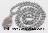 GMN5166 Hand-knotted 8mm, 10mm grey picture jasper 108 beads mala necklace with pendant
