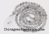 GMN5194 Hand-knotted 8mm, 10mm cloudy quartz 108 beads mala necklace with pendant