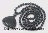 GMN5213 Hand-knotted 8mm, 10mm black banded agate 108 beads mala necklace with pendant