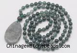 GMN5216 Hand-knotted 8mm, 10mm moss agate 108 beads mala necklace with pendant