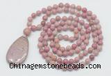 GMN5219 Hand-knotted 8mm, 10mm pink wooden jasper 108 beads mala necklace with pendant