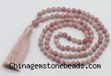 GMN5609 Hand-knotted 6mm matte pink wooden jasper 108 beads mala necklaces with tassel