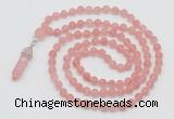 GMN5901 Hand-knotted 6mm matte cherry quartz 108 beads mala necklaces with pendant