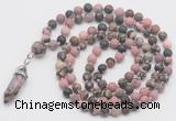 GMN5907 Hand-knotted 6mm matte rhodonite 108 beads mala necklaces with pendant