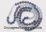 GMN6000 Knotted 8mm, 10mm amethyst, white crystal & lapis lazuli 108 beads mala necklace with charm